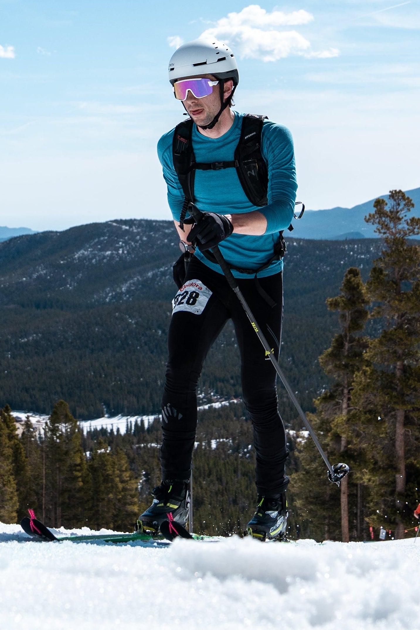 Person skiing with a green flag in a snowy landscape with trees and mountains.