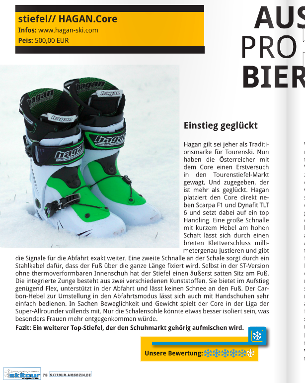 Hagan Core boot honored with a 5-Star review by Ski Tour Magazine