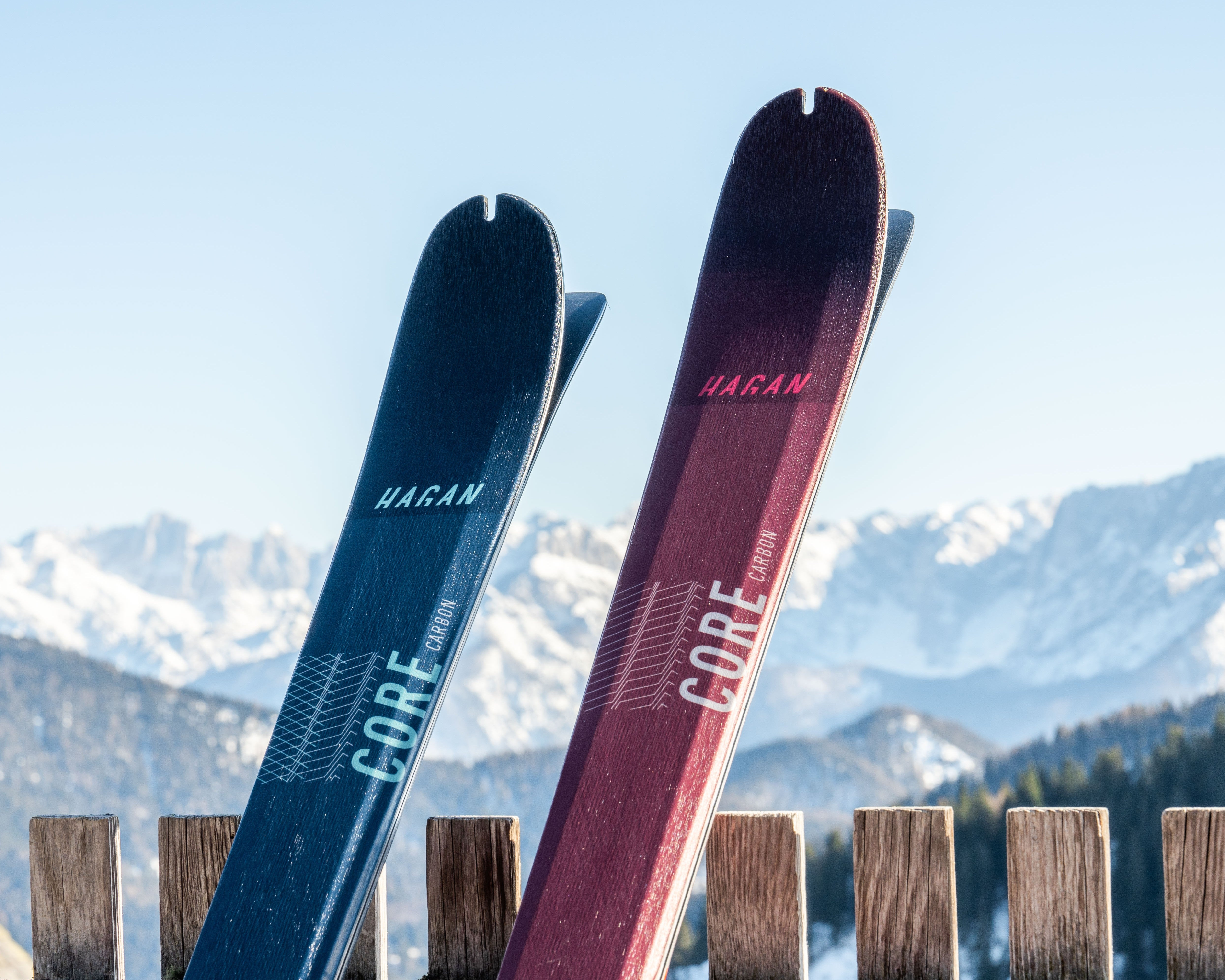 Two skis with 'Hagan' branding against a mountainous background