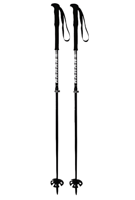 Two black ski poles with adjustable straps on a white background