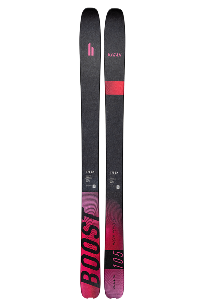 Two black and pink skis with branding on a white background